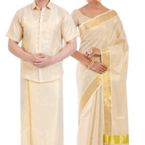 Fashily Women's Kerala Kasavu Tissue Saree and Men's Regular Fit Stitched Half Sleeve Tissue Shirt - Dhoti 4m Combo Set | Couple Stitched Dhoti - Shirt and Saree Combo Set