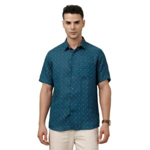 Linen Club Men's Pure Linen Blue Dobby Contemporary Fit Half Sleeve Casual Shirt