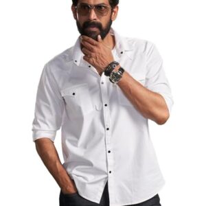 KINGDOM OF WHITE Caravan 100% Cotton Stylish Casual White Shirt for Men | Double Pocket, Regular Fit & Relular Collar with Curved Hem | Full Sleeves Button Cuff and Western Yoke & Contrast Button