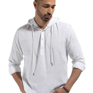 KINGDOM OF WHITE Cloudie Cotton Linen Trendy Hoodie Shirt/Kurta for Men | Regular Fit Short Stylish White Kurta Shirt with Curved Hem |Thin Breathable Hoodie Collar with Drawstring for All-Season