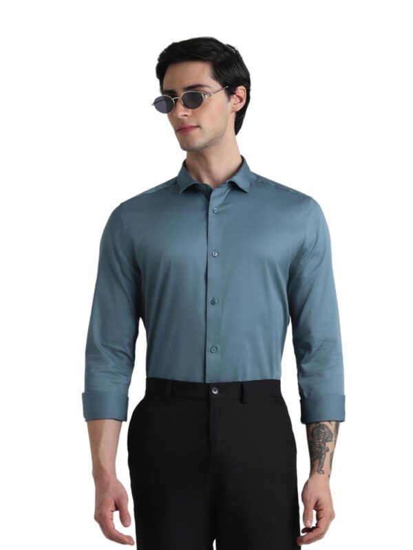 JACK & JONES Men's Cotton Slim Fit Solid Opaque Checked Spread-Collar Casual Shirt - Image 2