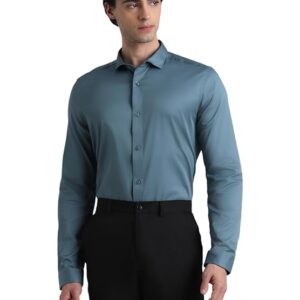 JACK & JONES Men's Cotton Slim Fit Solid Opaque Checked Spread-Collar Casual Shirt