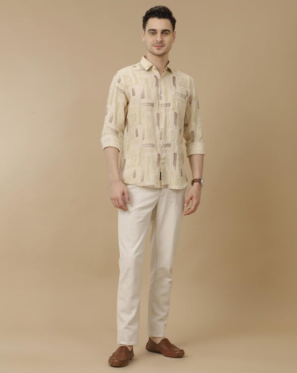 Linen Club Men's Pure Linen Beige Printed Contemporary Fit Full Sleeve Casual Shirt - Image 4