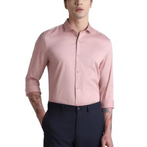 JACK & JONES Men's Cotton Slim Fit Solid Opaque Checked Spread-Collar Casual Shirt