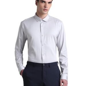 JACK & JONES Men's Cotton Slim Fit Solid Opaque Checked Spread-Collar Casual Shirt