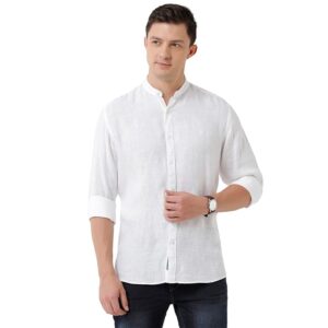 Linen Club Men's Pure Linen White Solid Slim Fit Full Sleeve Casual Shirt