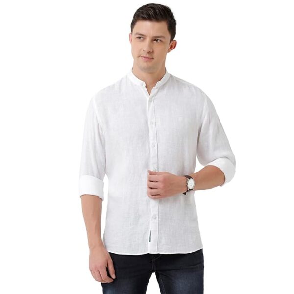 Linen Club Men's Pure Linen White Solid Slim Fit Full Sleeve Casual Shirt