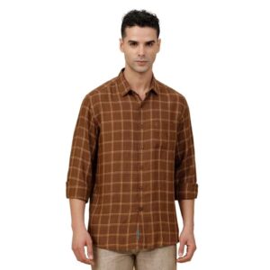 Linen Club Men's Pure Linen Brown Checked Contemporary Fit Full Sleeve Casual Shirt