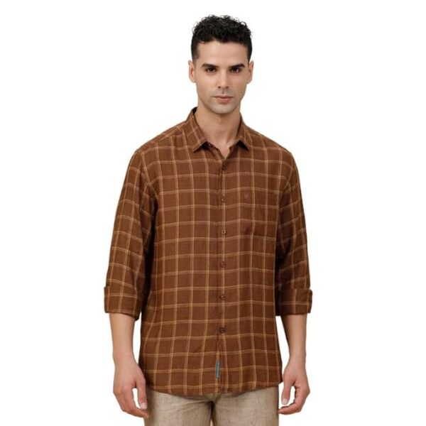 Linen Club Men's Pure Linen Brown Checked Contemporary Fit Full Sleeve Casual Shirt
