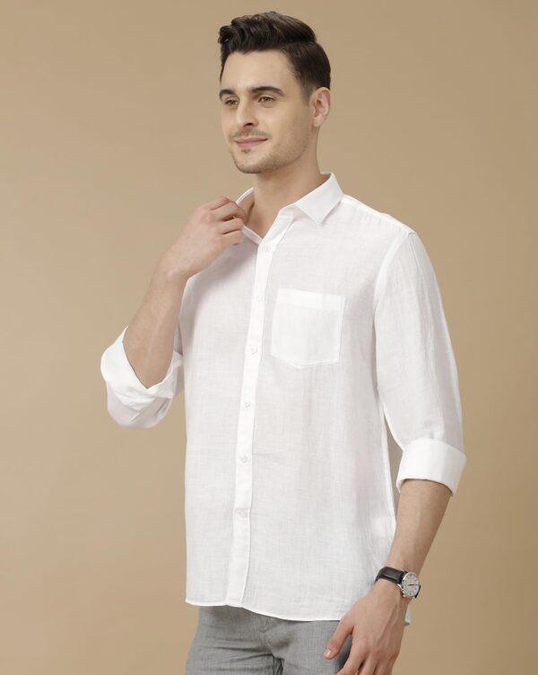 Linen Club Men's Pure Linen White Solid Contemporary Fit Full Sleeve Casual Shirt - Image 6