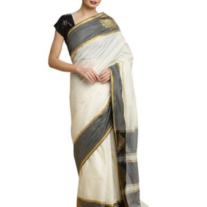 TEXATION Onam Special Women's Kerala Kasavu Cotton Saree With Rich Pallu and Running Blouse Piece (Saree5.5 meter, Blouse 0.8 meter) (BLACK)