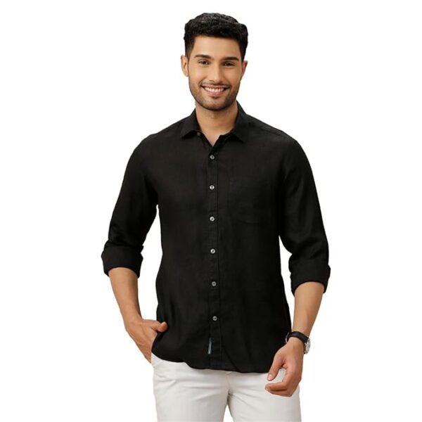 Linen Club Men's Pure Linen White Solid Contemporary Fit Full Sleeve Casual Shirt