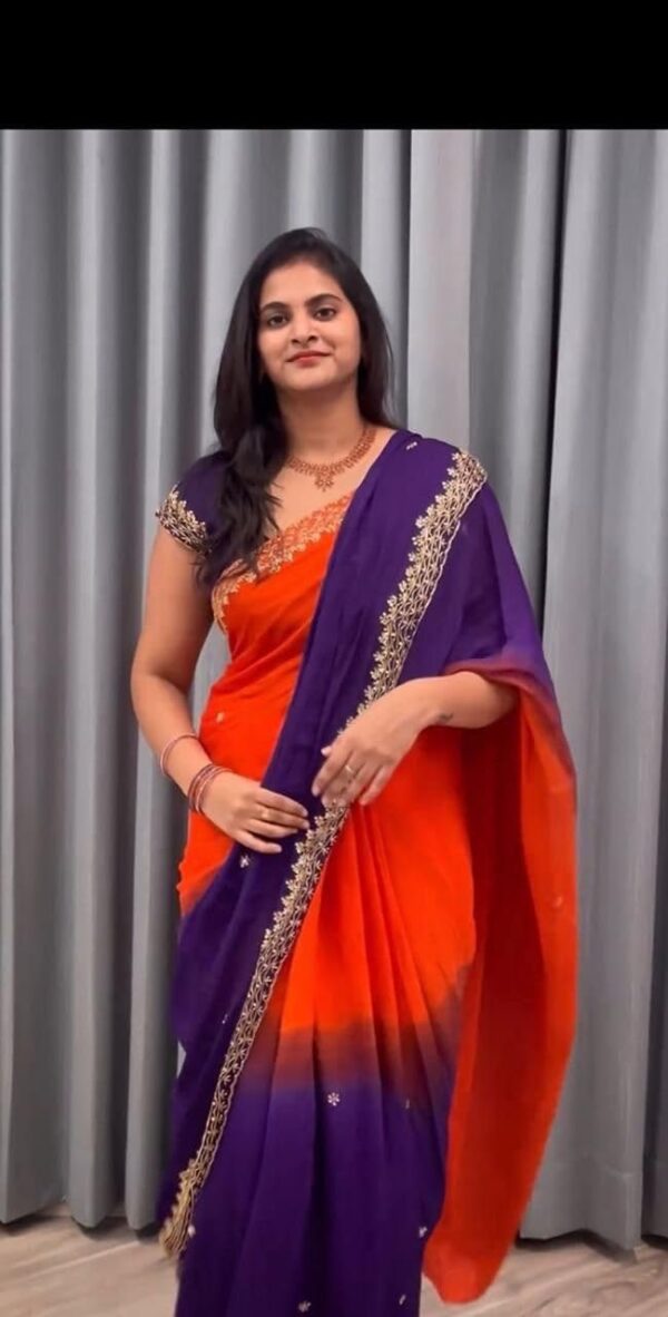 shanaya Soft Hand Dyeing Chinnon Saree with Heavy Embroidery, Sequence & Jari Work Elegant Designer Border Lightweight Bridal & Party Saree Ethnic Indian Saree - Image 2