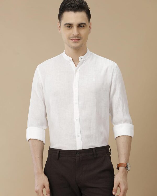 Linen Club Men's Pure Linen White Solid Contemporary Fit Full Sleeve Casual Shirt - Image 2