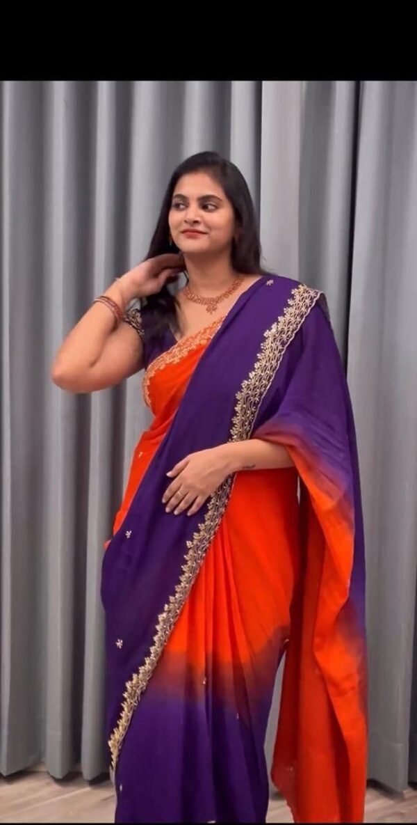 shanaya Soft Hand Dyeing Chinnon Saree with Heavy Embroidery, Sequence & Jari Work Elegant Designer Border Lightweight Bridal & Party Saree Ethnic Indian Saree - Image 3