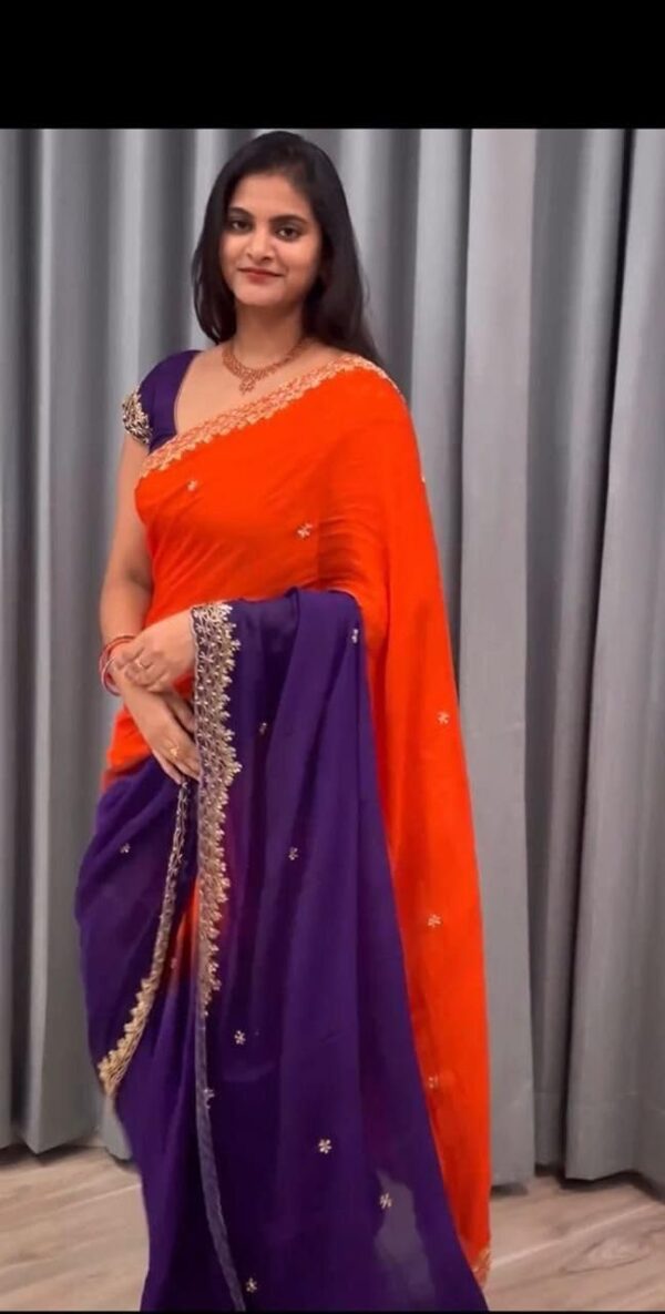 shanaya Soft Hand Dyeing Chinnon Saree with Heavy Embroidery, Sequence & Jari Work Elegant Designer Border Lightweight Bridal & Party Saree Ethnic Indian Saree - Image 5
