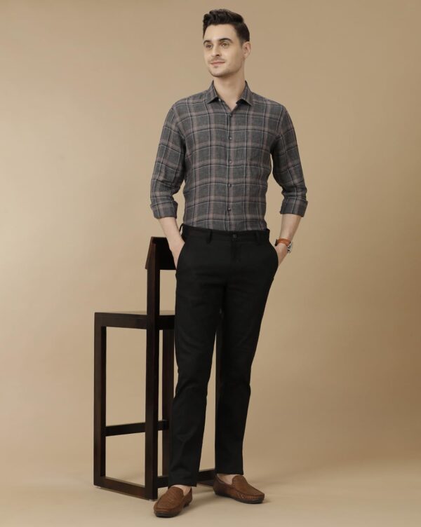 Linen Club Men's Pure Linen Grey Checked Contemporary Fit Full Sleeve Casual Shirt - Image 3