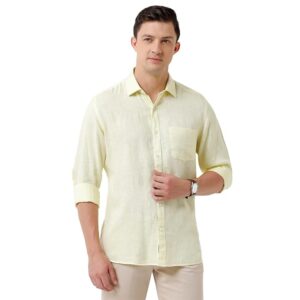 Linen Club Men's Pure Linen Yellow Chambray Slim Fit Full Sleeve Casual Shirt