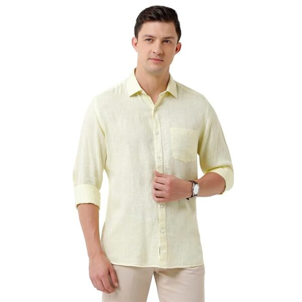 Linen Club Men's Pure Linen Yellow Chambray Slim Fit Full Sleeve Casual Shirt
