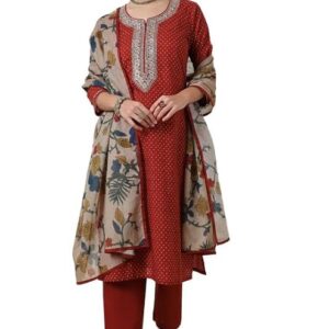 Soch Womens Rust Bandhani Print Cotton Suit Set with Sequins