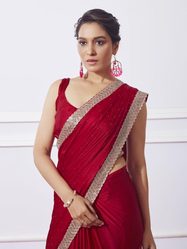 ORHANS Women's Satin Chiffon All Over Fix Diamond With Lace Work Saree With Matching Unstitched Blouse Piece - Image 2