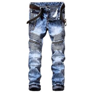AITITIA Men's Biker Zipper Deco Washed Straight Fit Jeans