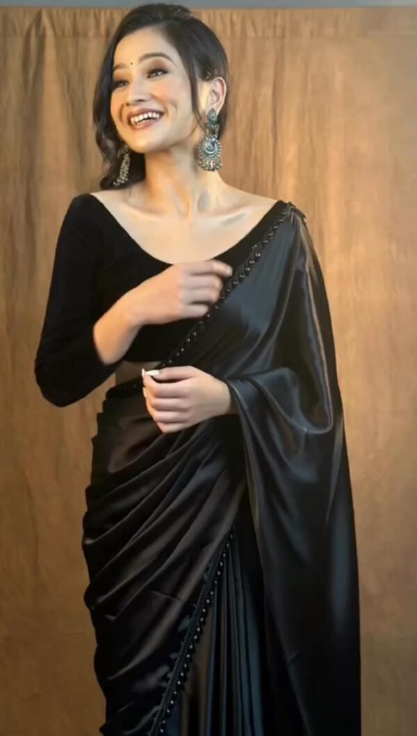 SHOPAZ Women's Ready to Wear Black Satin Silk 1 Minute Pre Pleated Heavy Saree with Hand Work Lace - Image 5