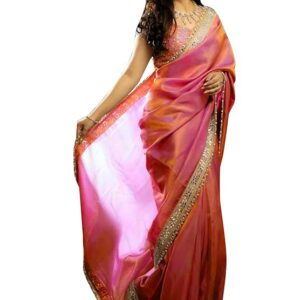 AKHILAM Women's Tissue Lace Work Saree with Unstitched Blouse Piece