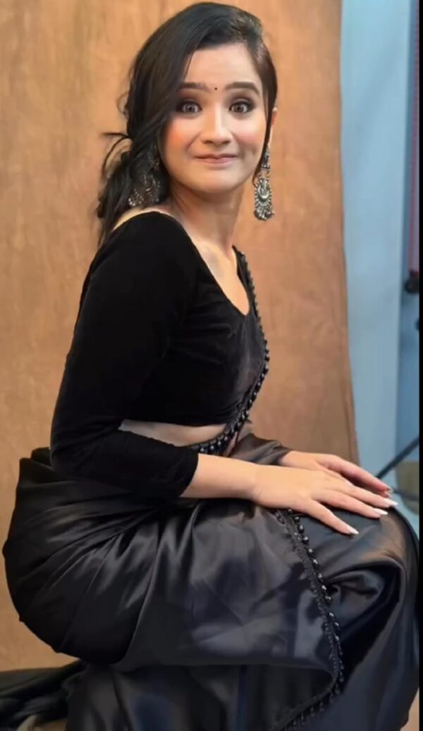 SATAZ Women's Ready to Wear Black Satin Silk 1 Minute Pre Pleated Heavy Saree With Hand Work Lace - Image 3