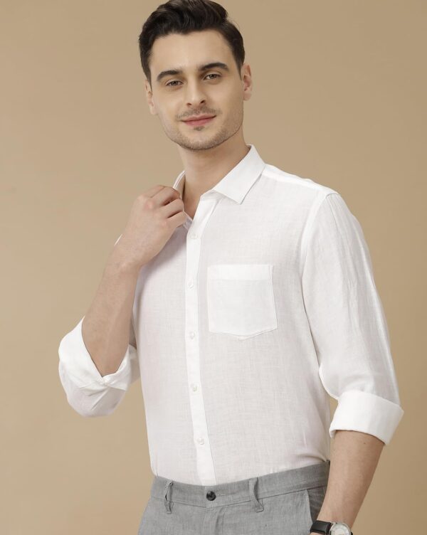 Linen Club Men's Pure Linen White Solid Contemporary Fit Full Sleeve Casual Shirt - Image 2