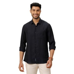 Linen Club Men's Pure Linen Black Solid Contemporary Fit Full Sleeve Casual Shirt