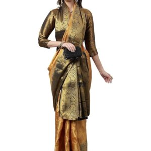 KAVINDI Women's Banarasi Silk With Jacquard Print Saree With Blouse