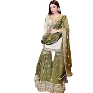 Women's Off-White Embroidered Kurta with Green Sharara & Dupatta Set – 3/4 Sleeve, Round Neck, Above Knee Length | Party | Wedding