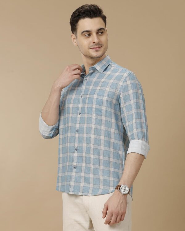 Linen Club Men's Linen Rich Blue Checked Contemporary Fit Full Sleeve Casual Shirt - Image 5