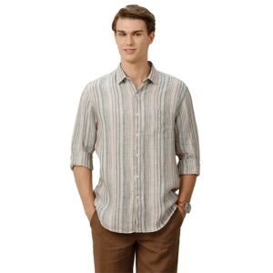 Linen Club Men's Pure Linen Off White Striped Contemporary Fit Full Sleeve Casual Shirt