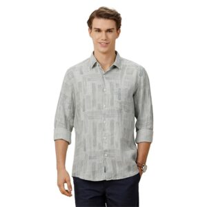 Linen Club Men's Pure Linen Beige Printed Contemporary Fit Full Sleeve Casual Shirt