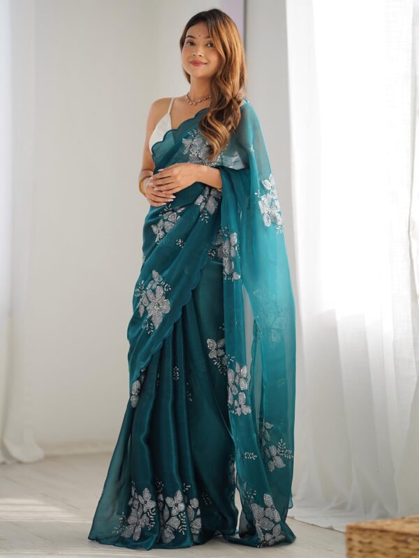 AKHILAM Women's Shimmer Organza Sequence Embroidery Saree With Unstitched Blouse Piece - Image 4