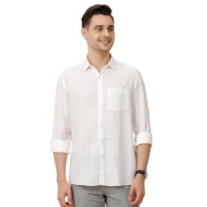 Linen Club Men's Pure Linen White Solid Contemporary Fit Full Sleeve Casual Shirt