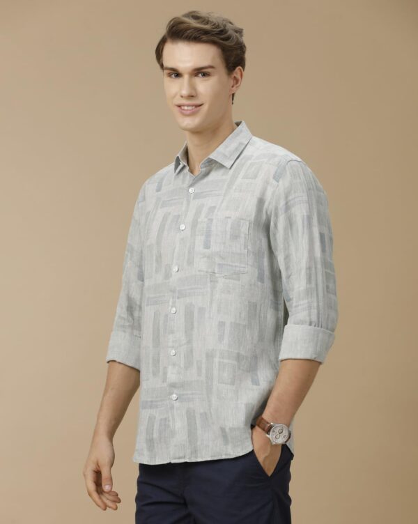 Linen Club Men's Pure Linen Beige Printed Contemporary Fit Full Sleeve Casual Shirt - Image 6