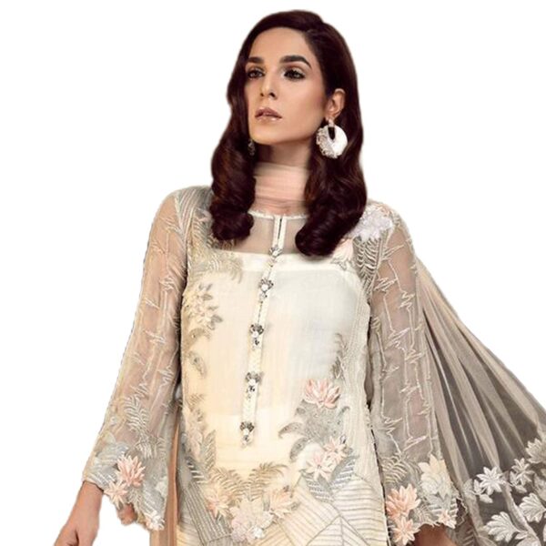 Miss Ethnik Women's Faux Georgette Semi Stitched Top With Unstitched Santoon Bottom and Net Dupatta Embroidered Straight Kurta Dress Material (Kurta Palazzo Set) - Image 2
