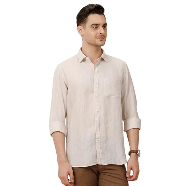 Linen Club Men's Pure Linen White Solid Contemporary Fit Full Sleeve Casual Shirt