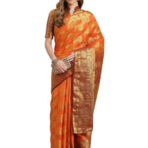 KAVINDI Women's Banarasi Silk With Jacquard Print Saree With Blouse