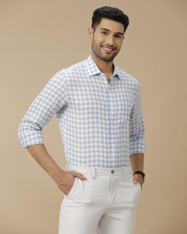 Linen Club Men's Pure Linen Blue Checked Contemporary Fit Half Sleeve Casual Shirt - Image 2