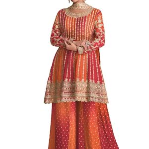 Miss Ethnik Dual Tone Strip Chinon Heavy Embroidered Stitched Sharara Suit Set With Dupatta (ME-1129)