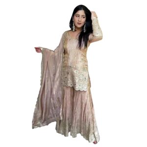 Firewave Women's CHINNON SILK Embroidered Square Neck Full Sleeve Fully Stitched Sharara Suit Set with Dupatta Ethnic Wear -CREAM-_BK-13