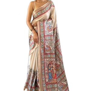 Panzora Women's Tussar Silk Madhubani Printed Saree With Unstitched Blouse Piece