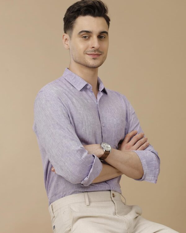 Linen Club Men's Pure Linen Purple Solid Contemporary Fit Full Sleeve Casual Shirt - Image 2