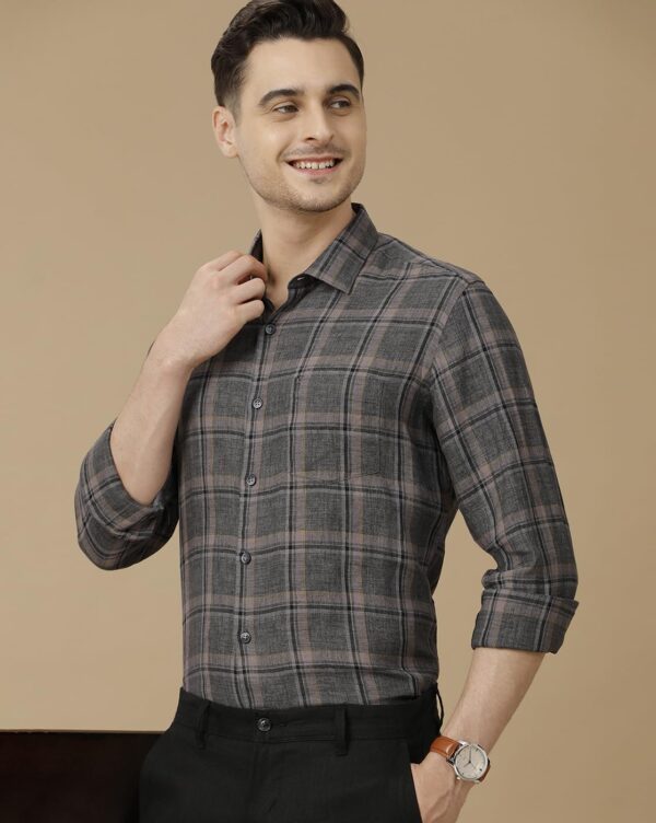 Linen Club Men's Pure Linen Grey Checked Contemporary Fit Full Sleeve Casual Shirt - Image 2