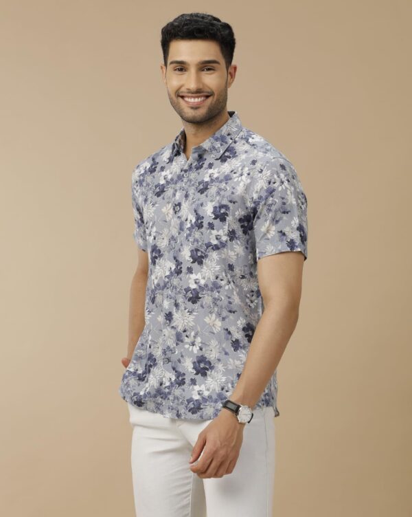 Linen Club Men's Pure Linen Blue Printed Contemporary Half Full Sleeve Casual Shirt - Image 5