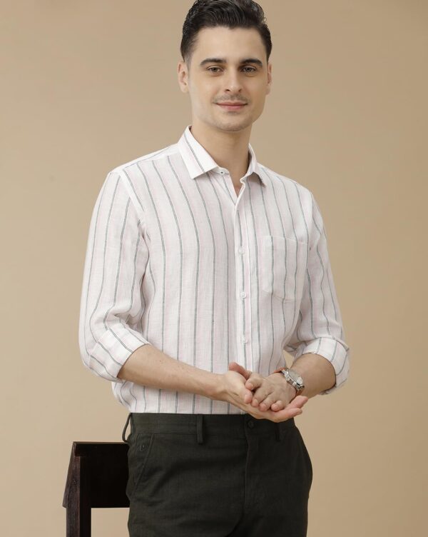 Linen Club Men's Pure Linen Pink Striped Contemporary Fit Full Sleeve Casual Shirt - Image 2